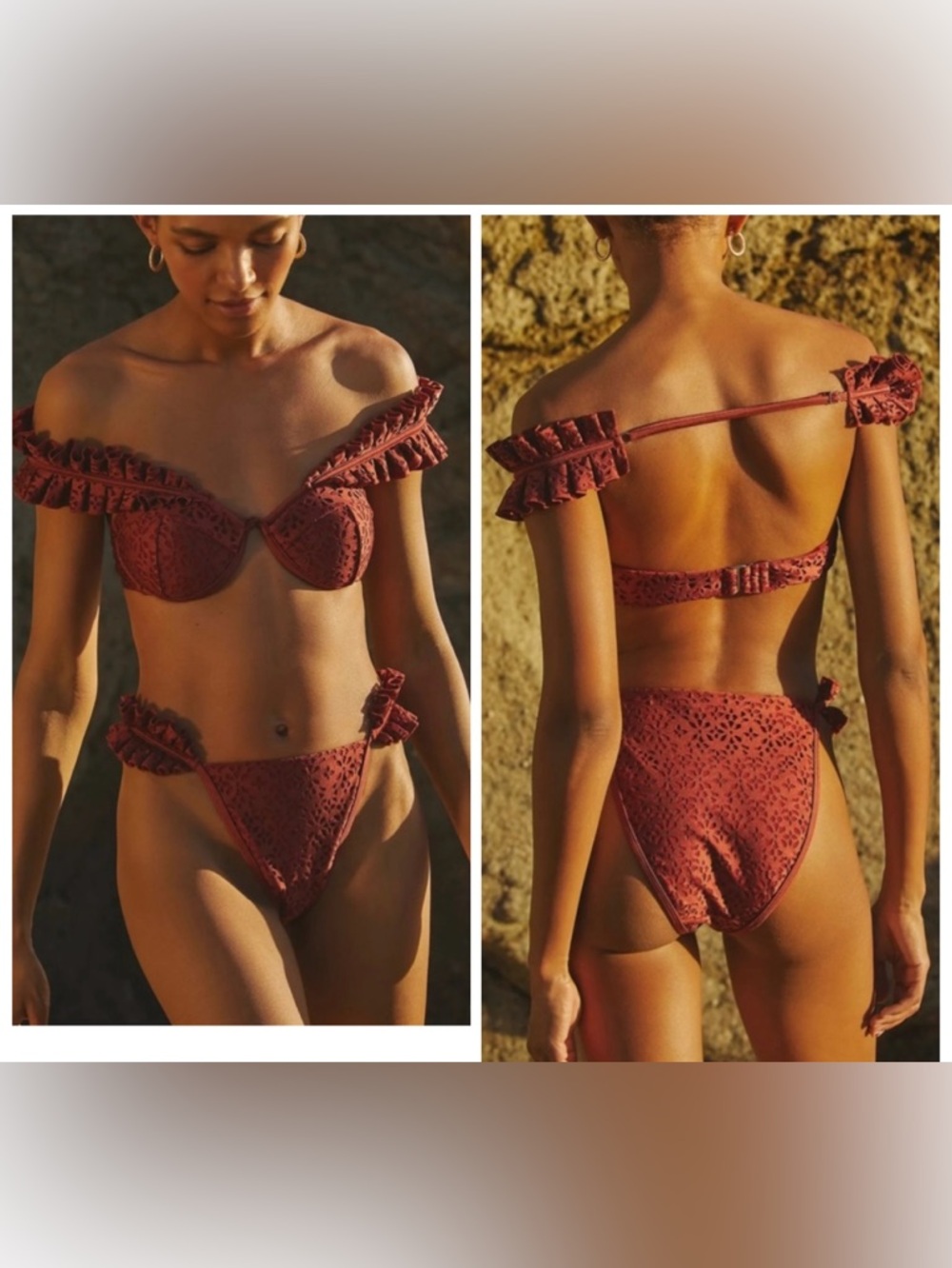 Andrea Iyamah Mulan Ruffle Bikini SET Swimsuit Top Bottoms Wine Size Small NEW